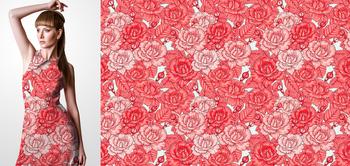 33180v Materiał ze wzorem rysowane kwiaty (róże) i pęki kwiatów w odcieniach czerwieni i różu na jasnym tle